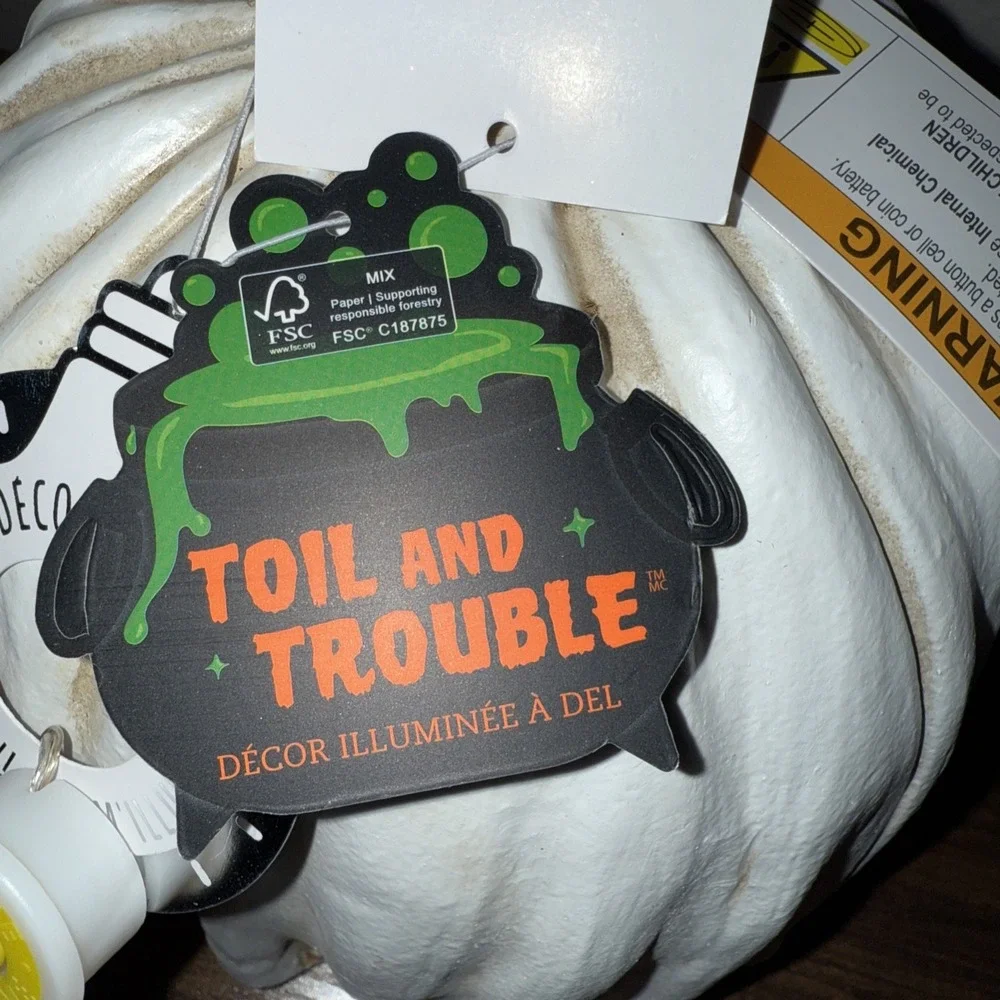 New Toil & Trouble Halloween Pumpkin With Ghost Mask  LED Light Up Larger One